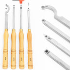 Full Size Professional Carbide Wood Turning Tools for Lathe Woodworking, 9 Pc. Set, Heavy Duty Rougher, Finishers, Detailer, and Replacement Cutting Blades, Beech Wood Handles