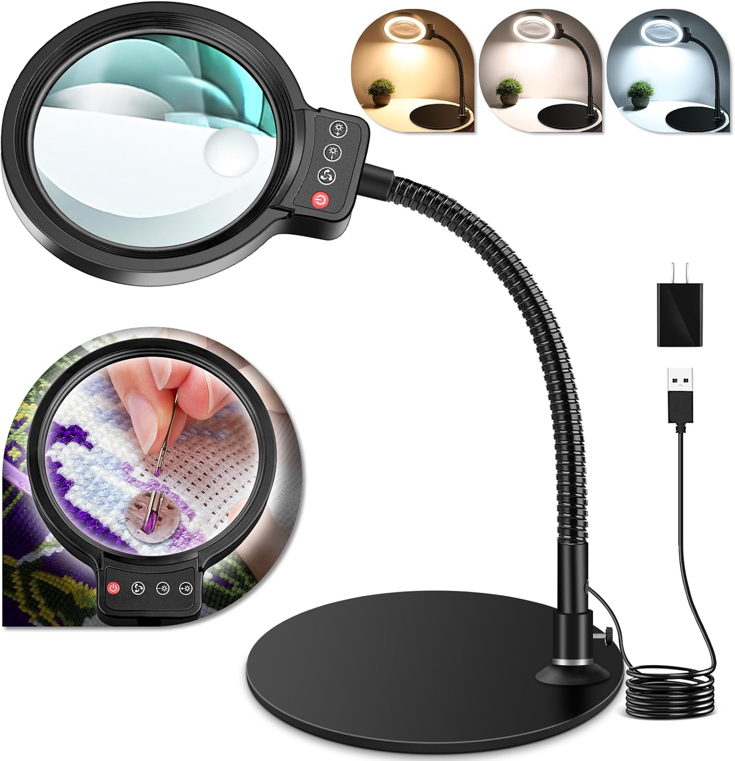 10X 30X Magnifying Glass with Light and Stand, 72 LED 3 Color Modes Stepless Dimmable, Hands Free Lighted Magnifier Desk Lamp for Close Work Craft Hobby Painting Sewing Jewelry Reading (Black)