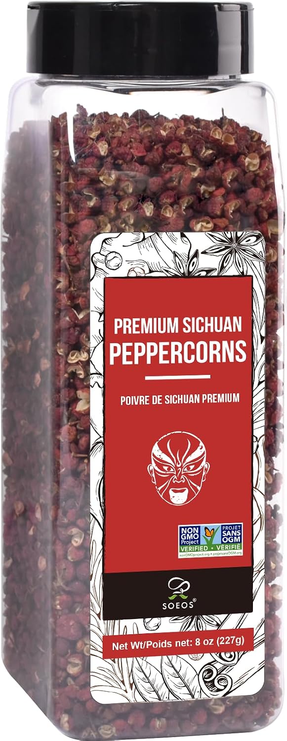Soeos Sichuan Peppercorns, 8oz(227g), Authentic Szechuan Red Peppercorn, Numbing and Tingle Effect, Less Seeds, Strong Flavor, Essential for Mapo Tofu, Kung Pao Chicken and Asine Cusine