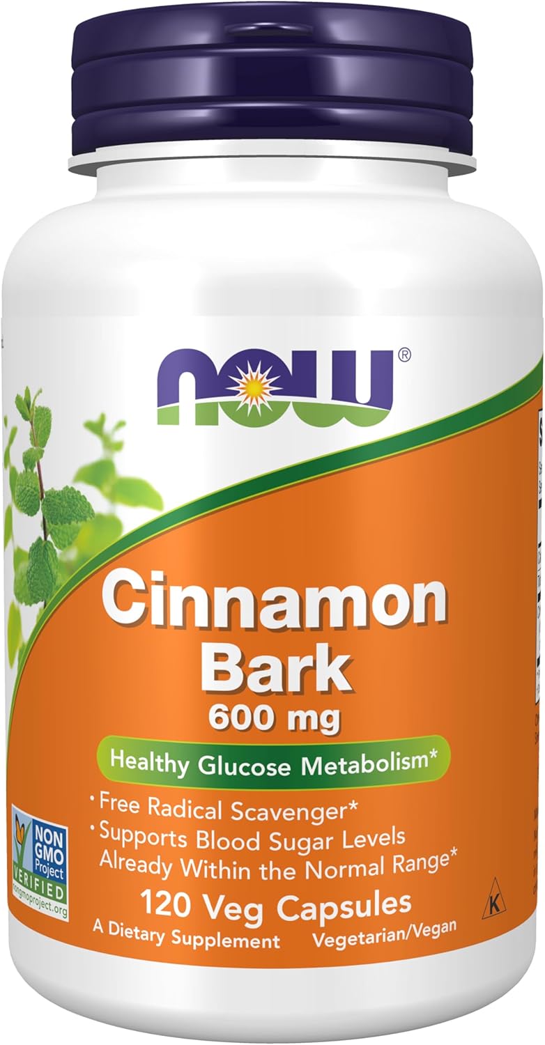 NOW Supplements, Cinnamon Bark 600 mg, Non-GMO Project Verified, Healthy Glucose Metabolism*, 120 Veg Capsules