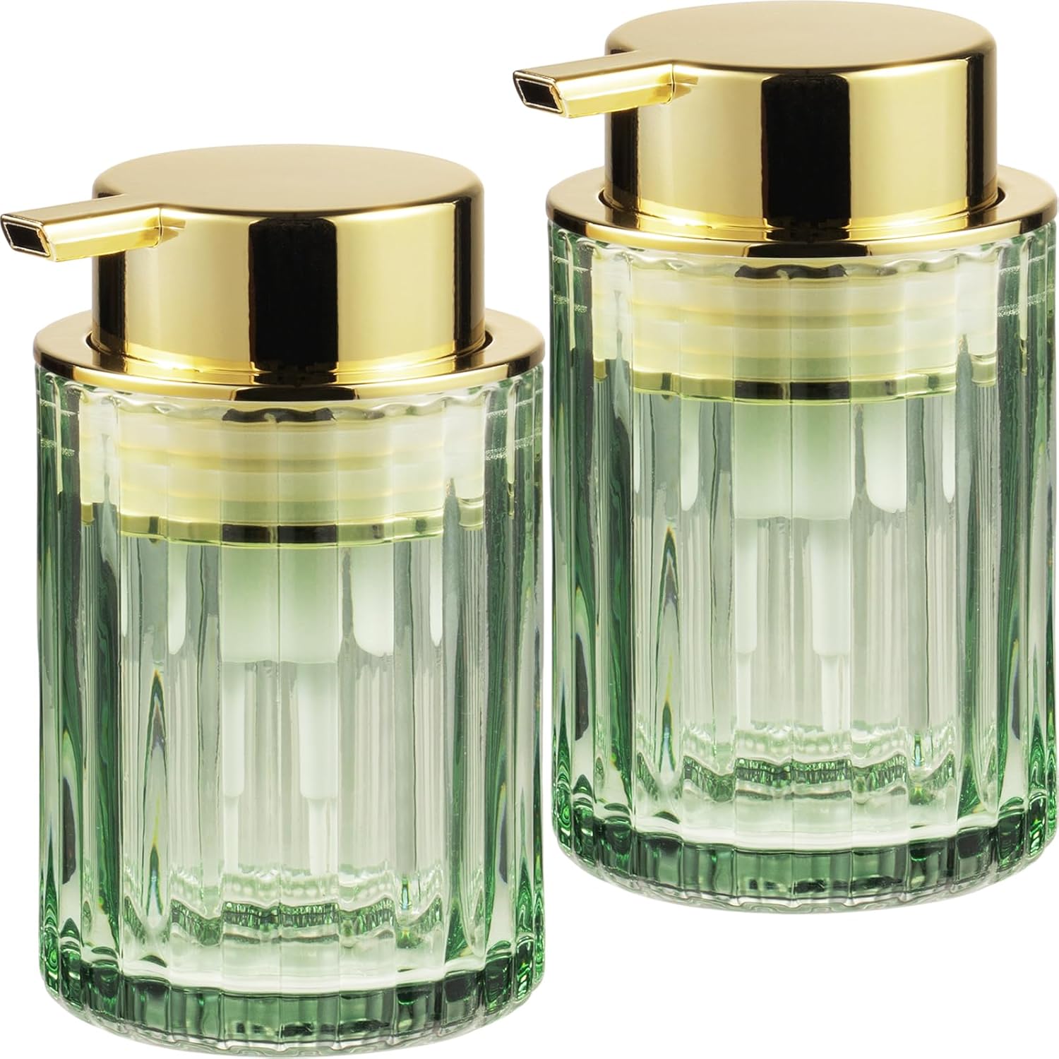 Amolliar Foaming Soap Dispenser, 8OZ Green Glass Soap Dispenser with Plastic Pump, Refillable Hand Soap Dispenser for Bathroom, Kitchen, Shower, Lotion, Dish Soap Dispenser, Home Decor, Gold 2 Pack