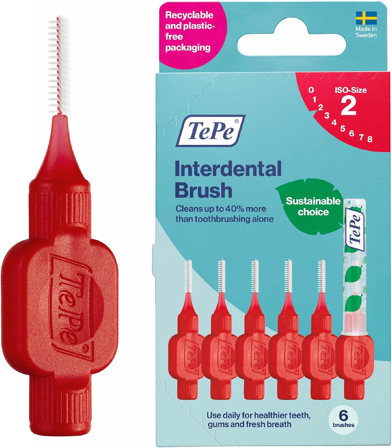 TePe Interdental Brush Original, Soft Dental Brush for Teeth Cleaning, Pack of 6, 0.5 mm, Extra-Small/Small Gaps, Red, Size 2