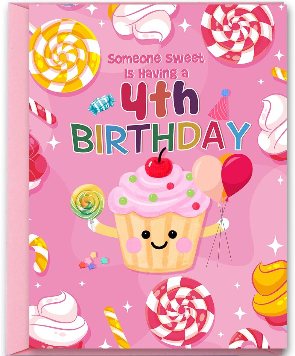 Hongshan 4th Birthday Card for Girl,Birthday Gift Idea for 4 Year Old Daughter Granddaughter Niece,Cupcake and Candy Bday Decorations