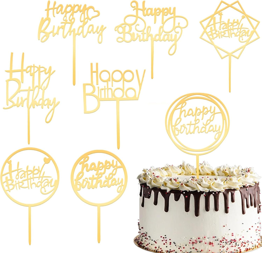 8 Packs Gold Happy Birthday Cake Toppers, Acrylic Double-Sided Glitter Cupcake Toppers Set, Happy Birthday Party Sign Decorations Supplies