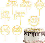 8 Packs Gold Happy Birthday Cake Toppers, Acrylic Double-Sided Glitter Cupcake Toppers Set, Happy Birthday Party Sign Decorations Supplies
