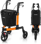 3 Wheel Walkers for Seniors, Foldable Rollator Walker with Tray & Large Storage Bag, 10" Big Wheel for All Terrain, 350 lb Weight Capacity, Orange