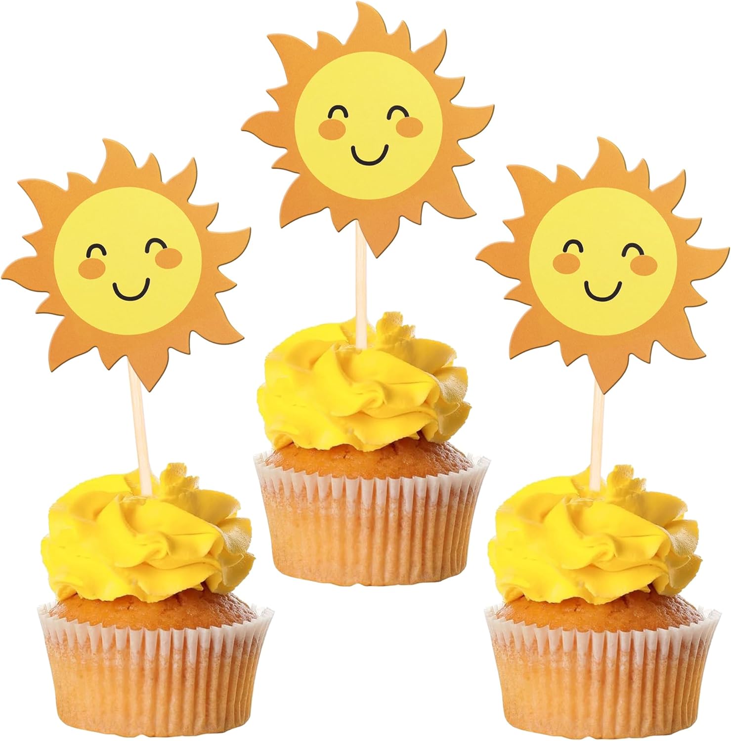 36 PCS Sun Cupcake Toppers Double Sided Sun Flower Smile Face Cupcake Picks SunShine Cupcake Decorations for Sun Theme Baby Shower Kids Boys Girls Birthday Wedding Party Cake Decorations Supplies