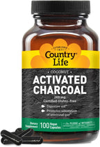 Country Life Coconut Activated Charcoal Capsules, 260mg – Natural Charcoal Supplement for Gas and Bloating Relief - Gluten-Free, 100 Vegan Capsules