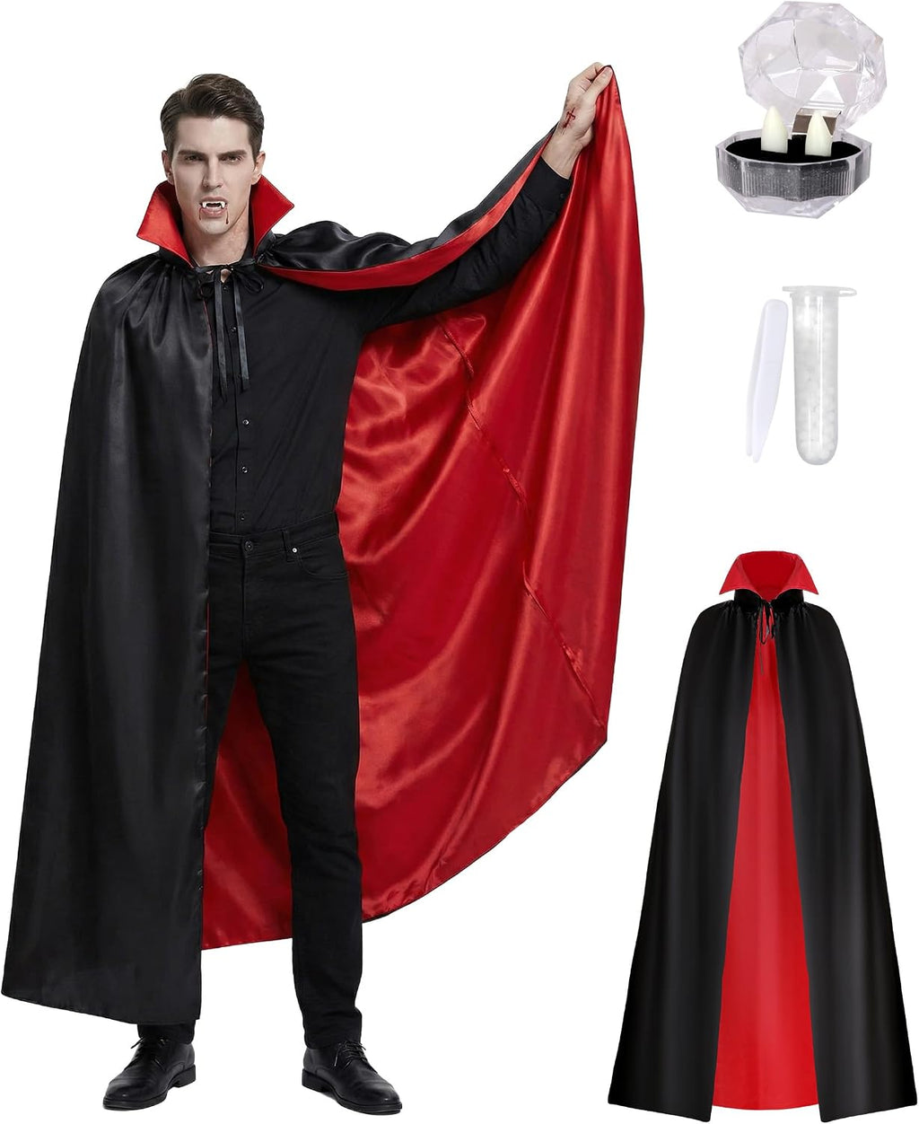 Vampire Costume for Men and Women, Red Black Cape with Fangs and Tattoo Stickers, Dracula Halloween Cosplay
