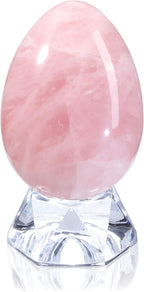 Jovivi Natural Rose Quartz Egg Sphere Sculpture Reiki Healing Crystal Gemstone Ball Divination Figurine with Acrylic Stand for Home Decoration