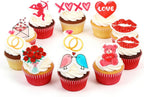 65PCS Valentine's Day Edible Cupcake Toppers & Cake Decorations Romantic Wafer Paper Assortment with Hearts, Cupid Flowers for Anniversary & Wedding Party Desserts