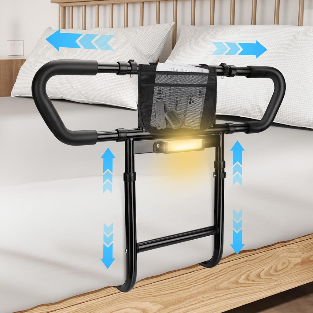 Bed Rails for Elderly Adults Safety: Adjustable Bedside Assist Rails with Storage Pockets, Non-Slip Handles, Items for Elderly Bed Rail, 400LB Gravity Capacity Black