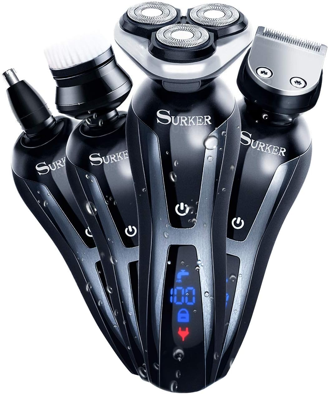 SURKER Electric Shaver Razor Cordless Beard Trimmer for Men Nose Hair Trimmer 3 in 1 Grooming Kit Plus 1 Facial Cleansing Brush Waterproof USB Rechargeable Dry Wet