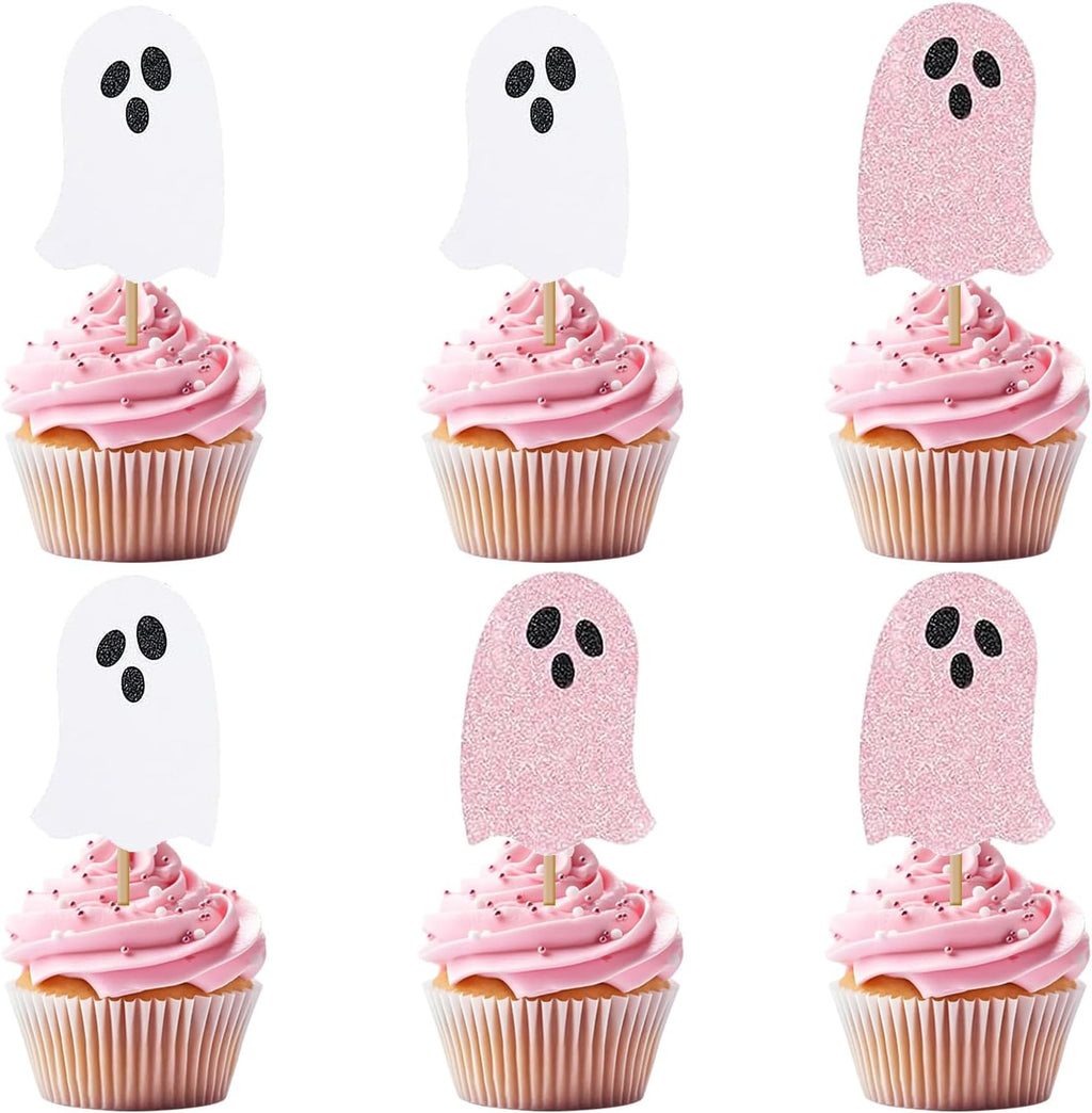 Halloween Ghost Cupcake Toppers 24Pcs White Pink Glitter - 2 Inch Tall - Perfect for Halloween, Baby Showers, Birthdays