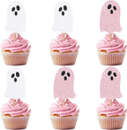 Halloween Ghost Cupcake Toppers 24Pcs White Pink Glitter - 2 Inch Tall - Perfect for Halloween, Baby Showers, Birthdays