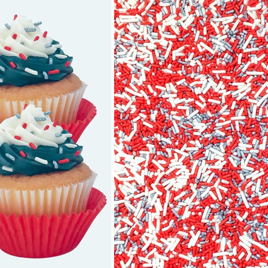 Red White Silver Cake Pop Cookie Cupcake Cakes Semi-Sweet Edible Confetti Decorations Sprinkles Desert Jimmies Toppers 6oz Bag