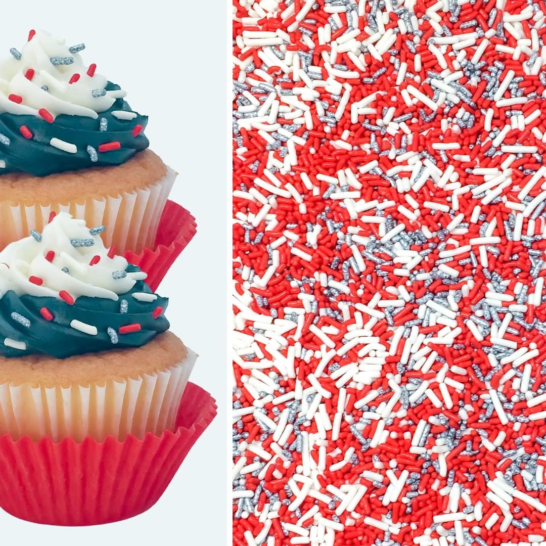 Red White Silver Cake Pop Cookie Cupcake Cakes Semi-Sweet Edible Confetti Decorations Sprinkles Desert Jimmies Toppers 6oz Bag