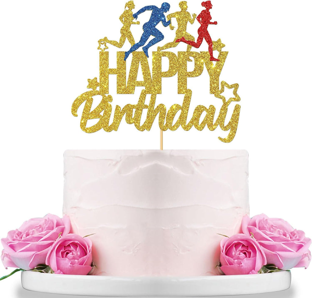 WeBenison Marathon Happy Birthday Cake Topper, Sport Running Birhday Cake Supplies, Sport Keep Fit and Fitness Theme Running enthusiasts Birthday Party Decorations Gold Glitter
