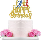 WeBenison Marathon Happy Birthday Cake Topper, Sport Running Birhday Cake Supplies, Sport Keep Fit and Fitness Theme Running enthusiasts Birthday Party Decorations Gold Glitter