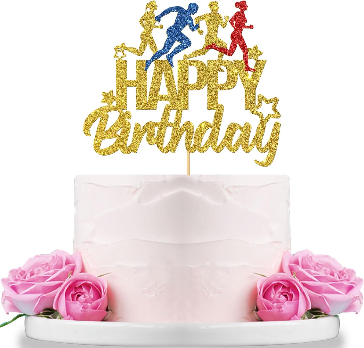 WeBenison Marathon Happy Birthday Cake Topper, Sport Running Birhday Cake Supplies, Sport Keep Fit and Fitness Theme Running enthusiasts Birthday Party Decorations Gold Glitter