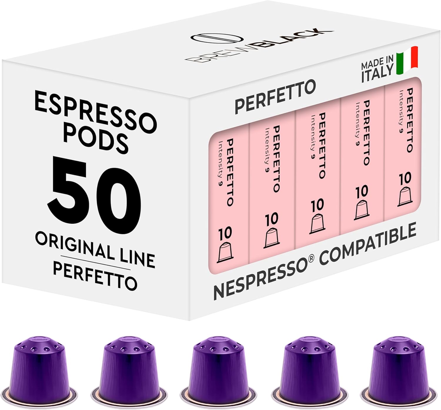 BrewBlack Perfetto Coffee Capsules - 50 Aluminum Coffee Pods Compatible with Nespresso Original line, Medium Roast - Intensity 9/12, Made in Italy
