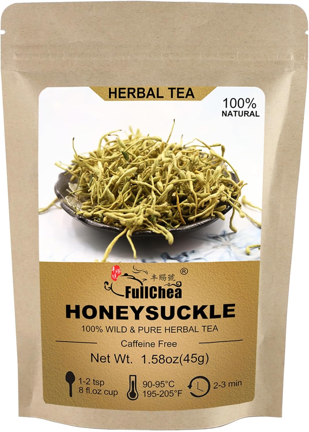 FullChea - 100% Pure Natural Dried Honeysuckle - Jin Yin Hua Honeysuckle Tea - Premium Flower Herbal Tea - 1.58oz/45g