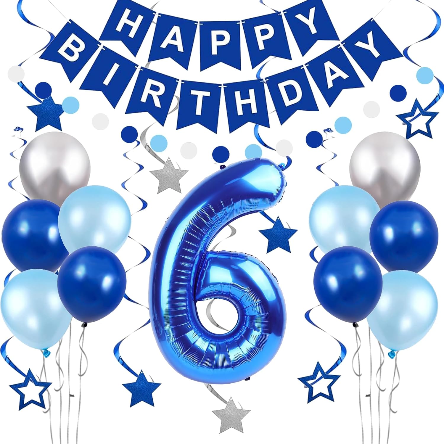 BRT Bearingshui Children's 6th Birthday Decorations Supplies for Kids Boys, Happy Birthday Banner, Blue Number 6 Birthday Balloon