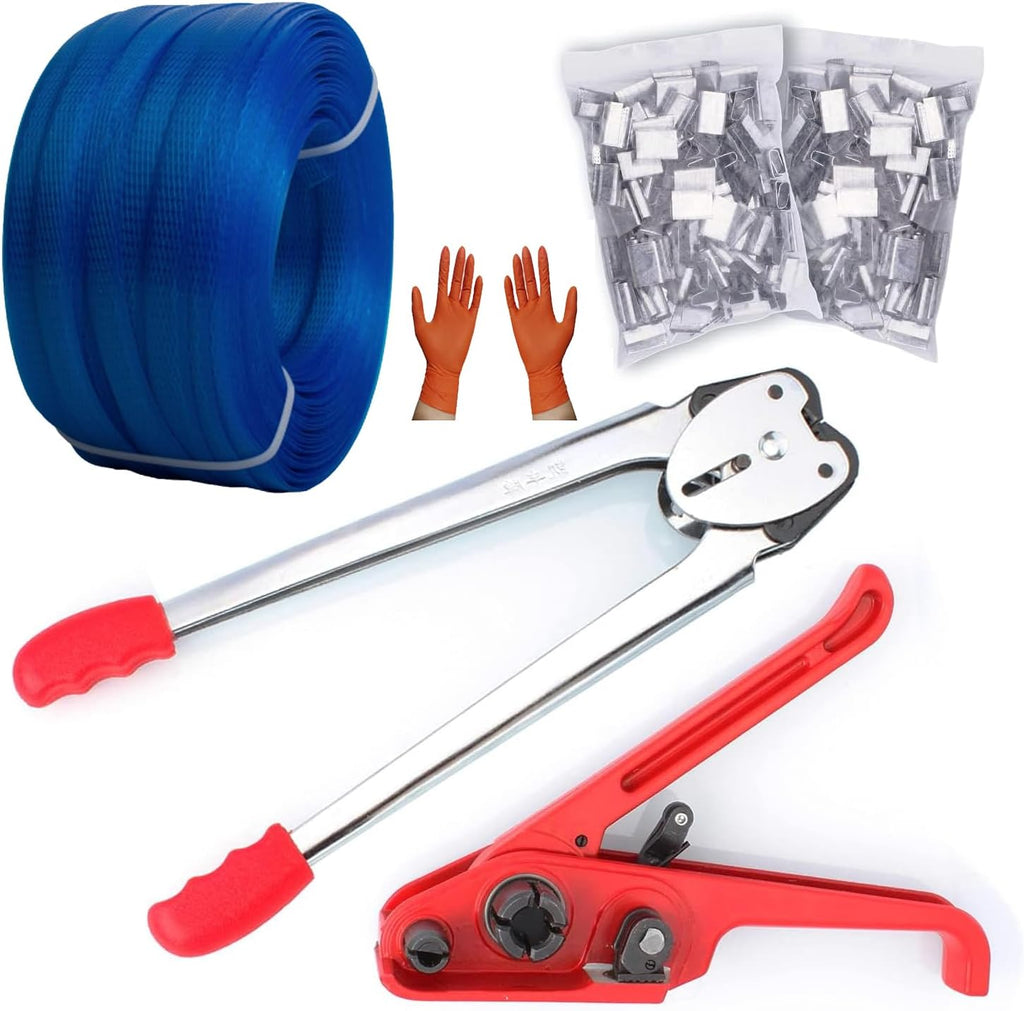 Packaging Strapping Kit - Pallet Poly Tensioner Tool Sealer, Banding Tool, 4000" Length x 1/2" Wide PP Belt, 100 Metal Seals for Packing and Shipping