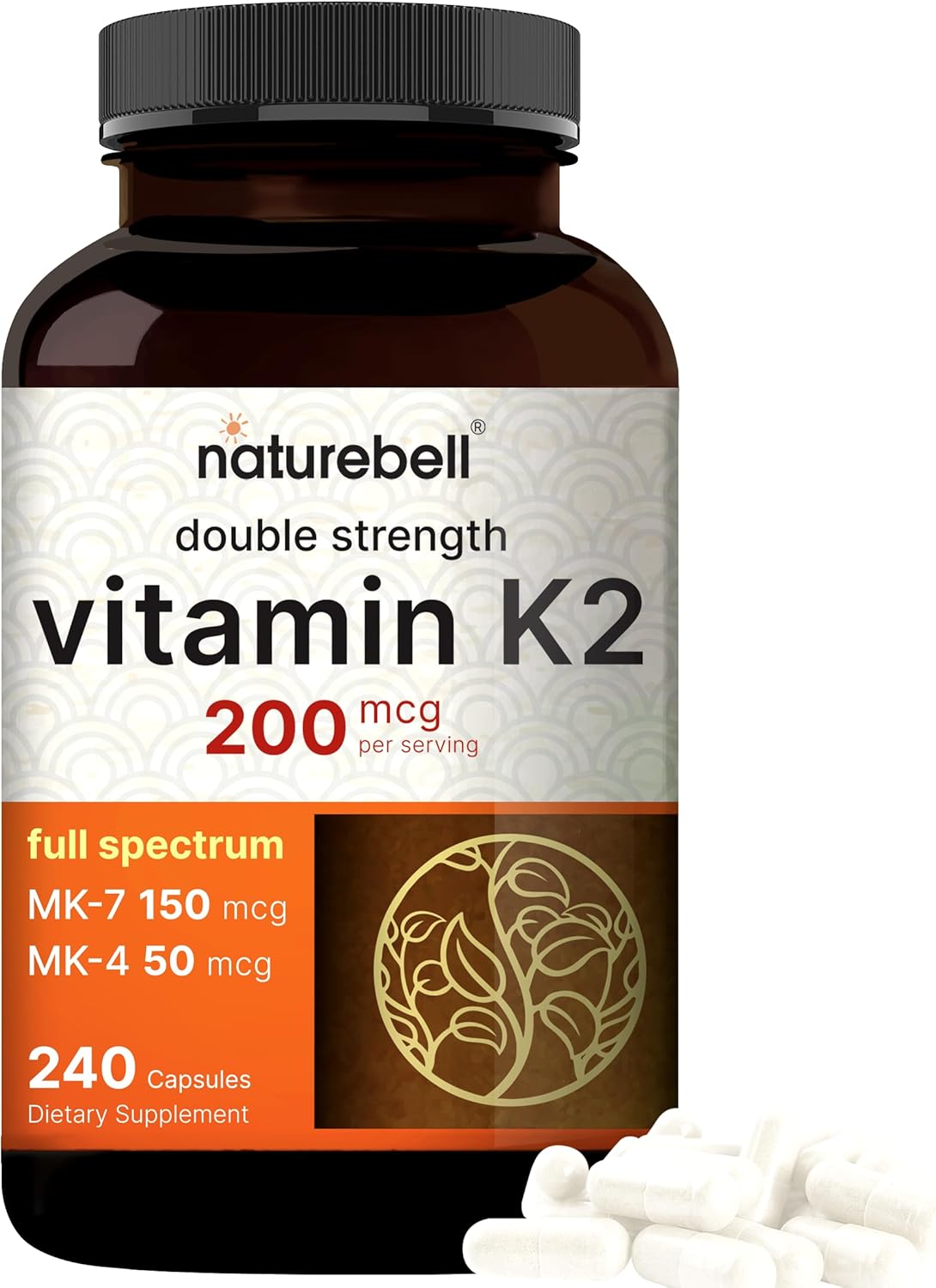 NatureBell Vitamin K2-240 Capsules - 200mcg Double Strength MK-7 & MK-4 Complex - Heart, Bone & Immune Health Support* - Complete K Vitamins Formula
