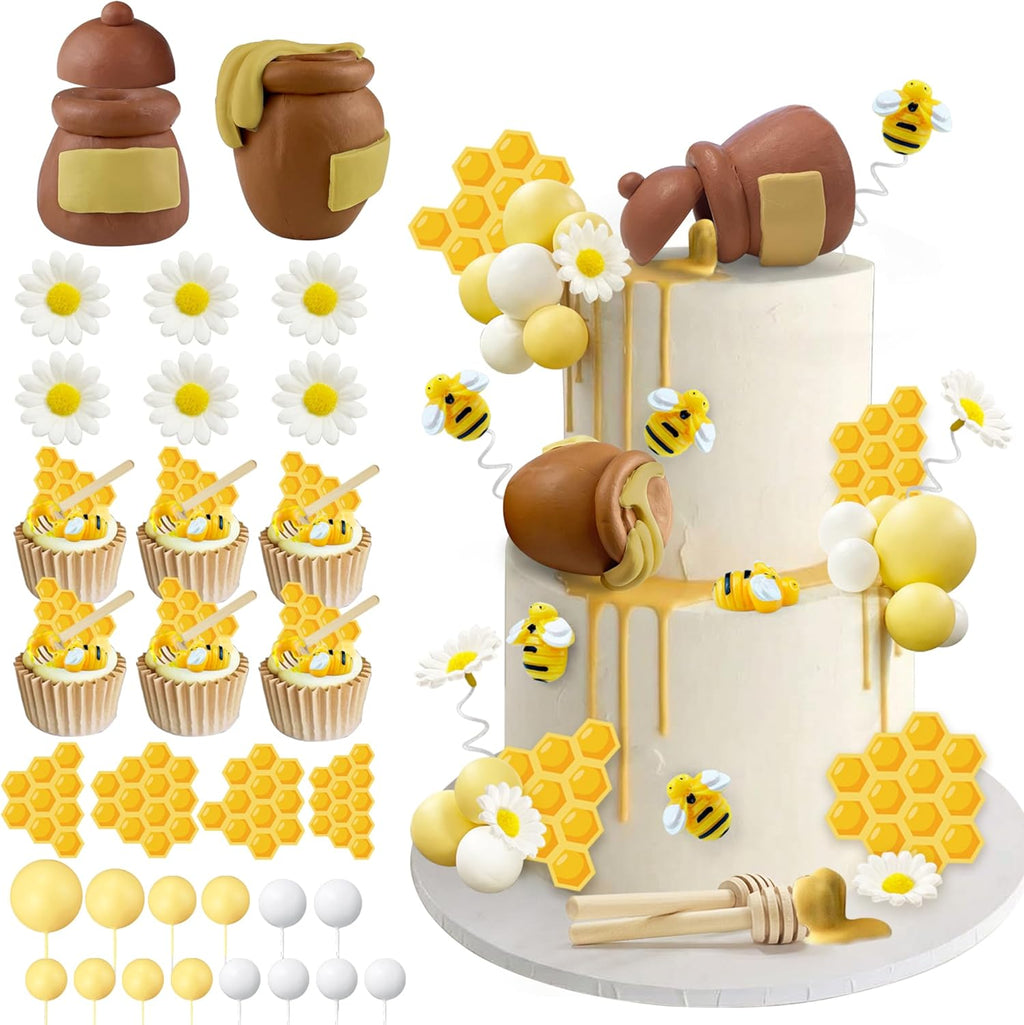 52 PCS Honey Jar Cake Topper Bee Cake Toppers for Baby Shower Bee Theme Birthday Party Decoration Supplies