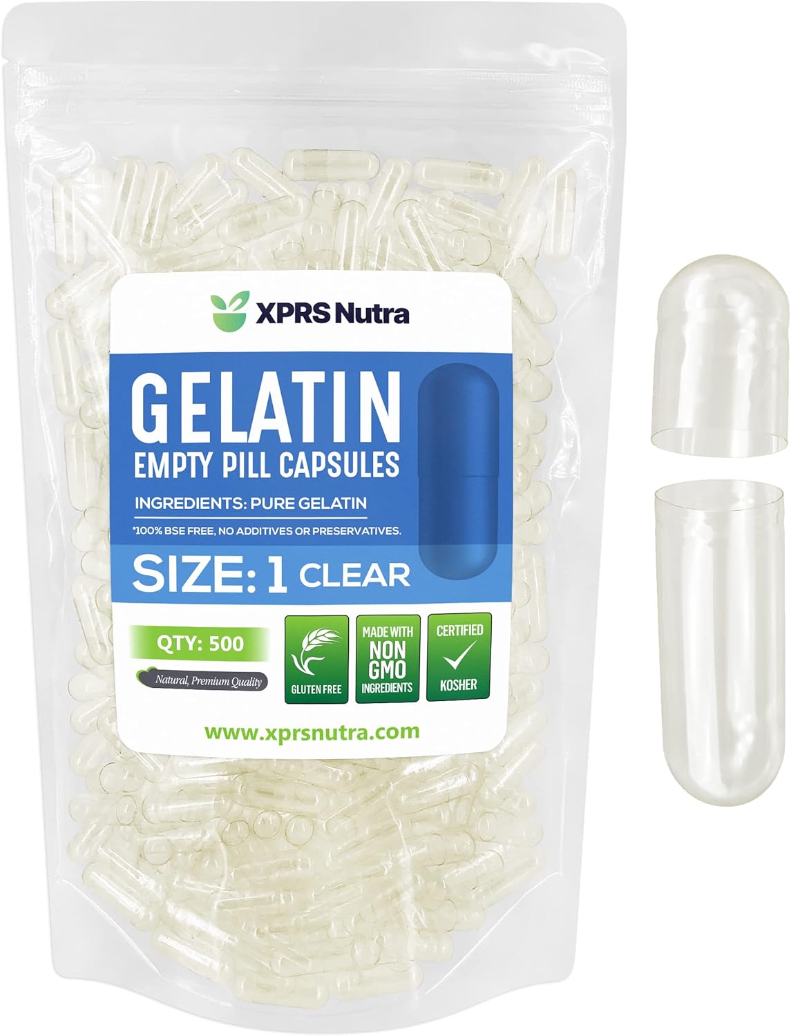 XPRS Nutra Size 1 Empty Capsules - 500 Count Empty Gelatin Capsules - Pills DIY Capsule Filling - Pure Bovine Pill Gel Caps for Do-It-Yourself Supplements (Clear)