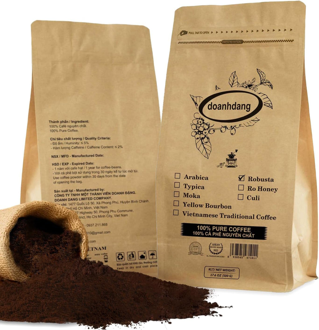 doanhdang - 17.6 Oz Premium Robusta Ground Bean Coffee, 100% Robusta Medium Roast, Rich Flavor for Espresso Shot and Brew, Origin from Vietnam, Ground Med Roast Beans