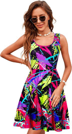 uideazone Women's Sleeveless Dress Summer Beach Casual Scoop Neck Print Flared A Line Stretchy Sundress