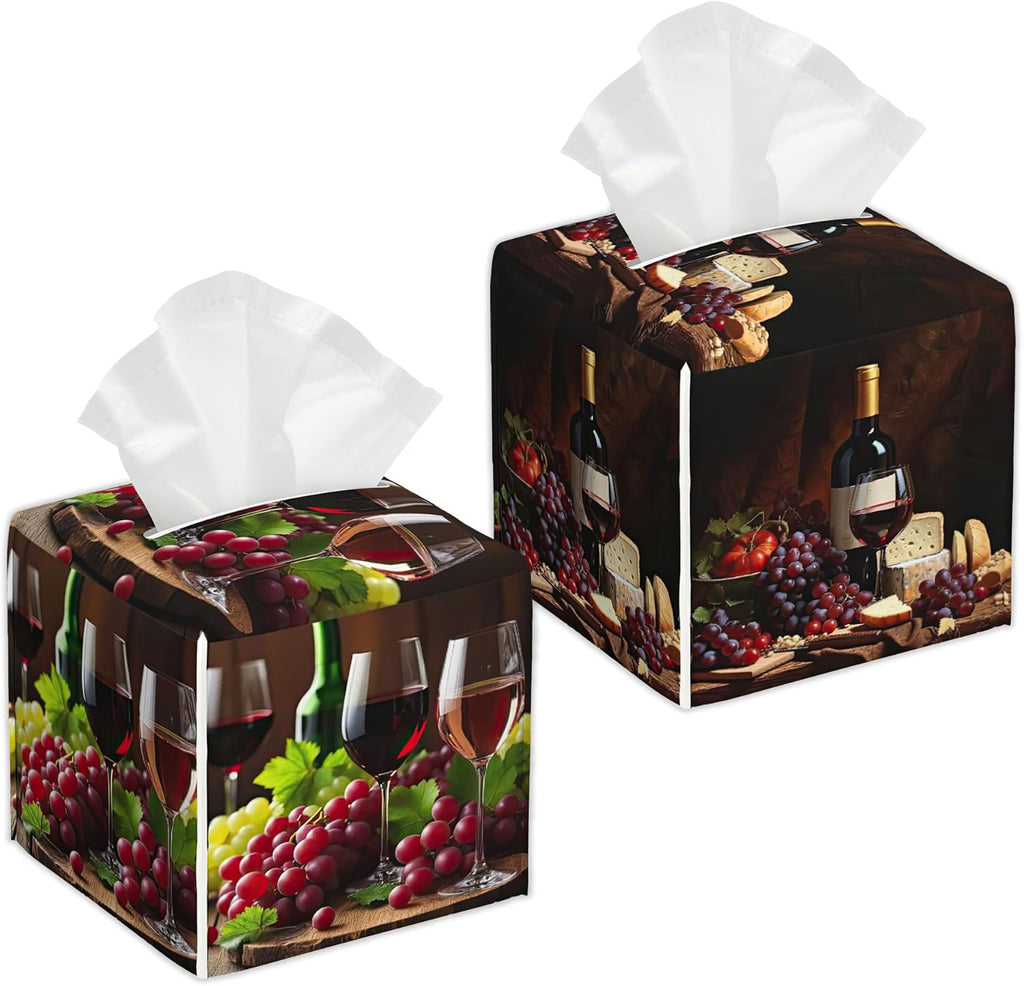 Red Wine and Grapes 2 Pcs Tissue Box Cover Square, Leather Tissue Box Holder for Bathroom Livingroom Bedroom, Decorations Cube Tissue Holder