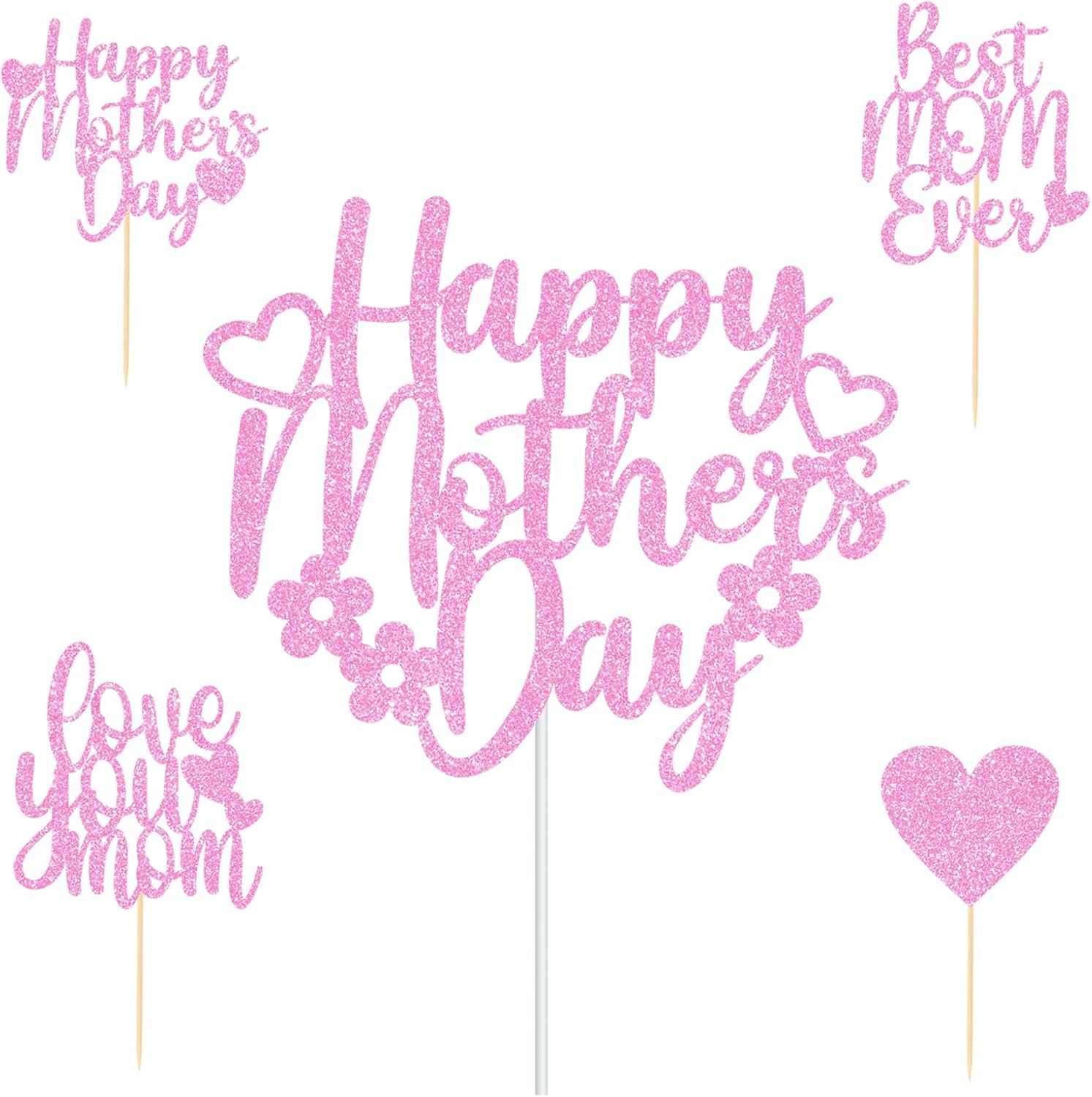 JOZON 25 PCS Glittery Pink Happy Mother's Day Cake Topper and Best Mom Ever Love You Mom Cupcake Topper Set Mothers Day Party Cupcake Picks Cake Decorations Supplies