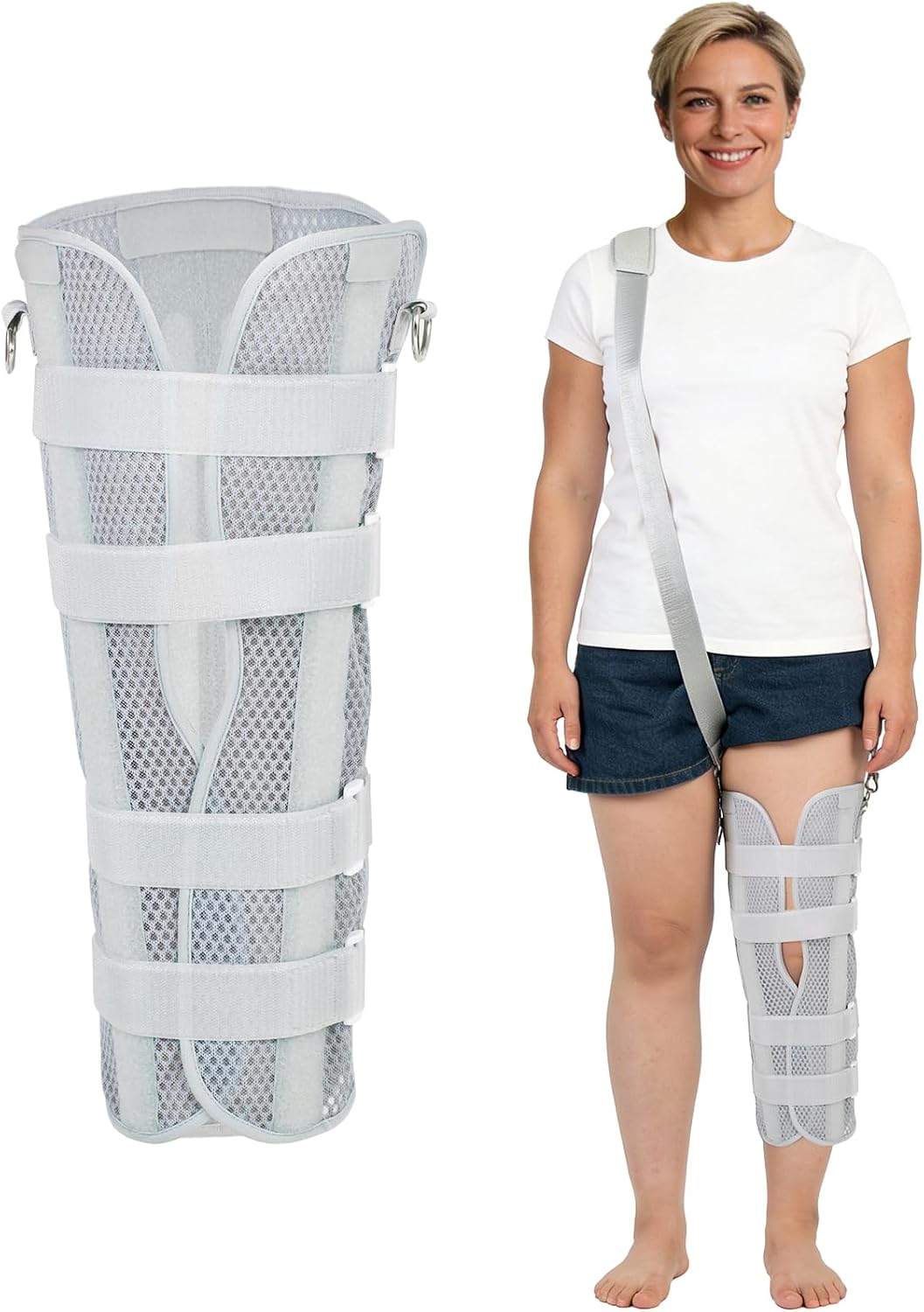 Knee Immobilizer Brace for Men Women, Adjustable Leg Splint with 4 Rigid Aluminum Splints for Post-Surgery Recovery, Breathable Knee Support for Injury with Free Walking Assistance Strapr (gray,M)