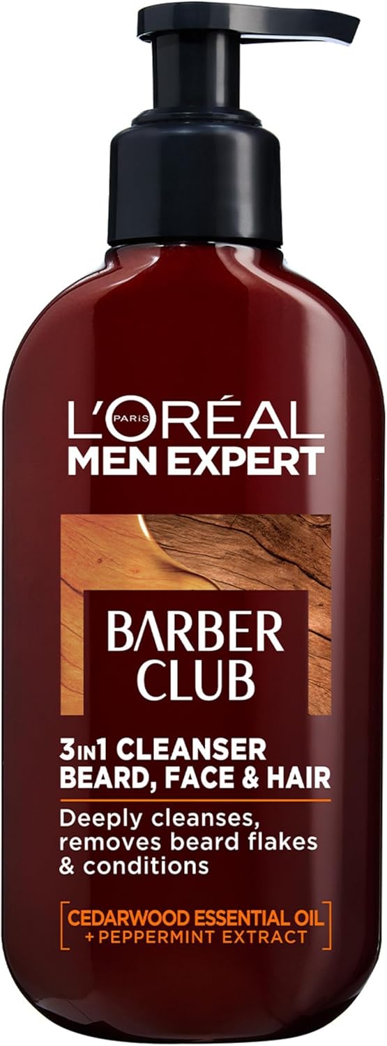 L’Oreal Paris Men Expert Cleansing 3-in-1 Beard, Face & Hair Wash 200ml, Barber Club Wash With Cedarwood Essential Oil, Deeply Cleanses and Removes Beard Flakes