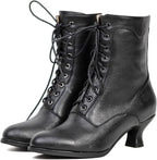 Women's Victorian Ankle Boots - Mid Calf, Round Toe, Black Boots with Chunky Heel & Lace Up Detail