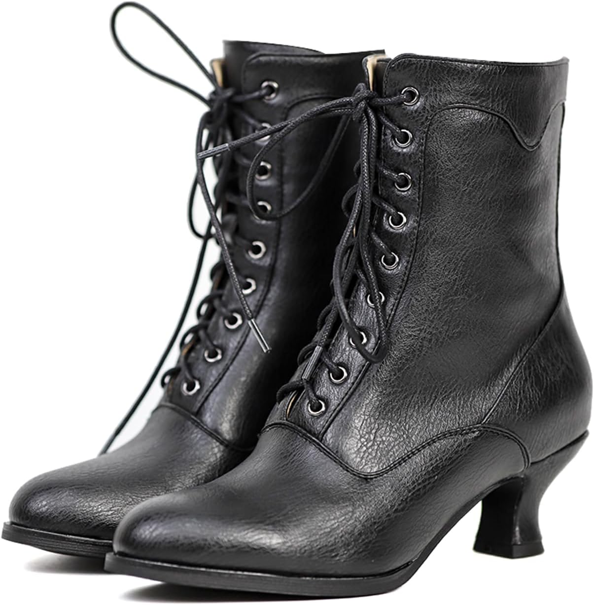 Women's Victorian Ankle Boots - Mid Calf, Round Toe, Black Boots with Chunky Heel & Lace Up Detail