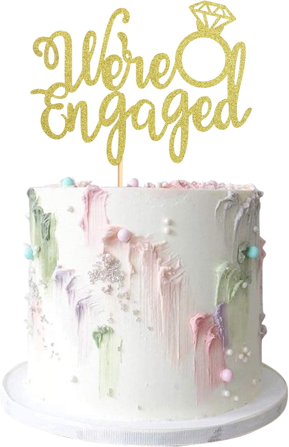 Ercadio 1 Pack Gold We're Engaged Cake Topper Glitter Bridal Shower Cake Pick Decorations for Wedding Engagement Theme Party Decorations