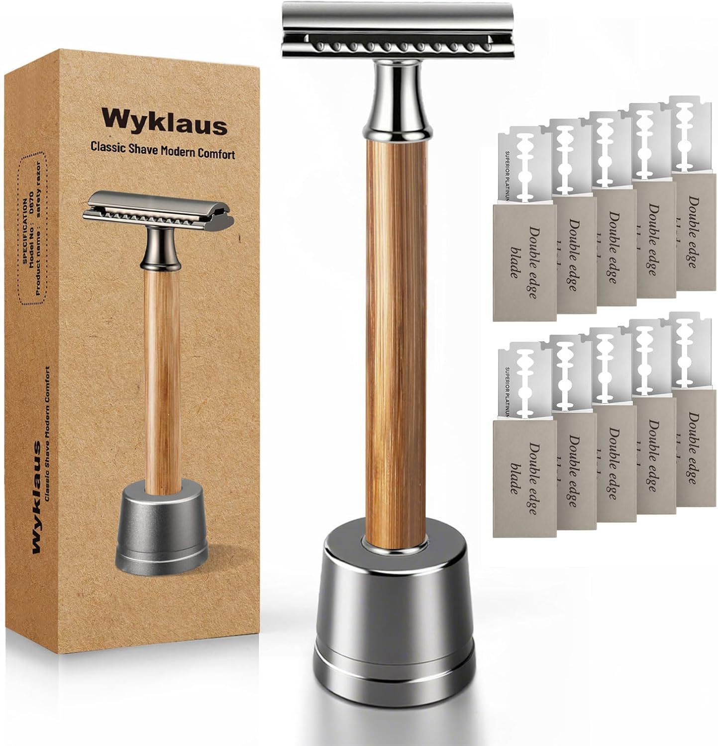 Double Edge Safety Razor: Premium Metal Single Blade Face Razor for Men & Women, Eco-Friendly Bamboo Handle & 10 Double Edge Blades