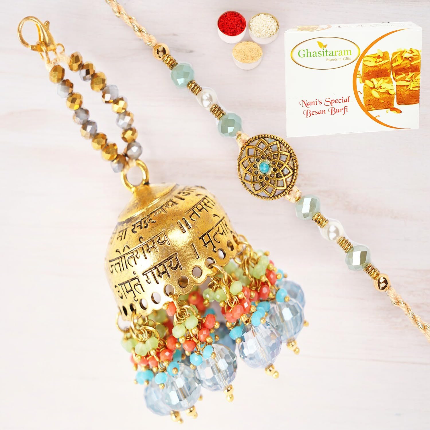 Ghasitaram Gifts Rakhis Online - Rakhi for Brother-RM-270 Bhaiya Bhabhi Rakhi with 200 GMS of Besan Barfi
