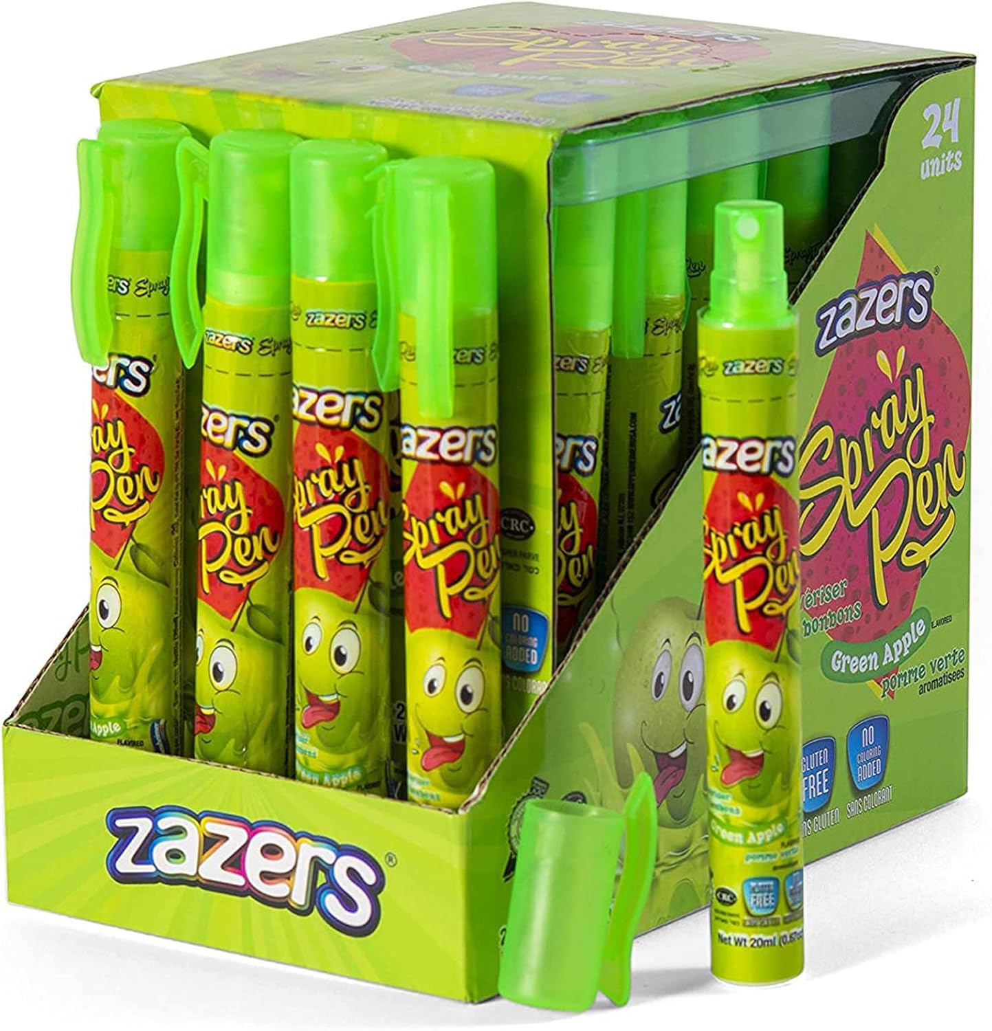 Zazers Pen Spray Liquid Candy - 24 Pack of Green Apple Flavor, Gluten Free, No Coloring Added, Novelty Kosher Candy, 20 ml each