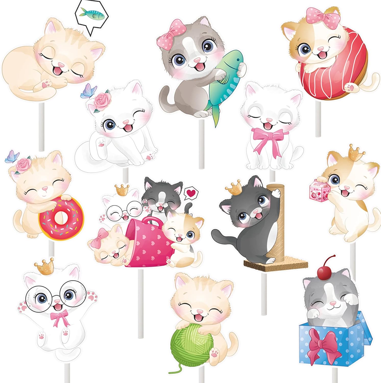 24pcs Cat Cupcake Toppers Meow Kitty Party Decoration Cute Cartoon Cat Cupcake Toppers for Kitten Baby Shower Cat Theme Birthday Party Supplies