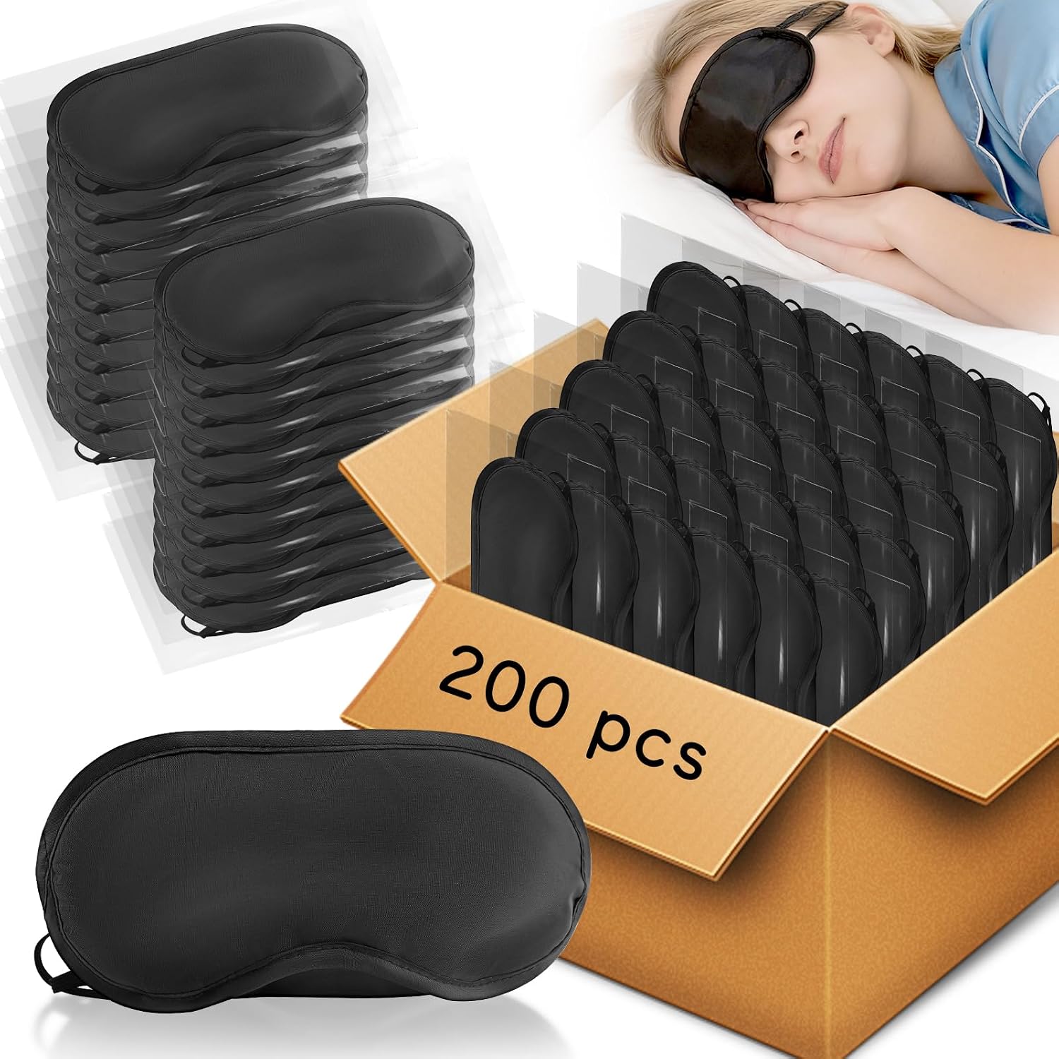 HOFASON 200 Pcs Blindfolds Bulk Sleep Eye Mask for Party Games Team Building Travel, Disposable Sleeping Masks for Kids Boys Girls with Nose Pad and Elastic Strap (Black)