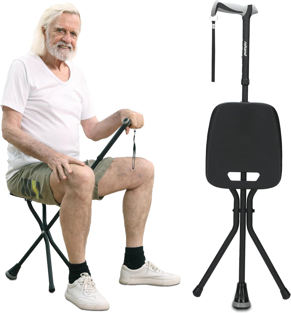 REHAND Walking Cane with Seat,Lightweight Foldable, Adjustable, Collapsible Canes with Stool for Men & Women, Heavy Duty All Terrain Tip, Portable Walking Stick Chair for Seniors & Adults