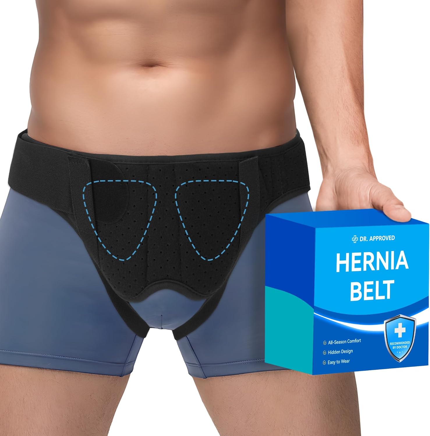 Hernia Belt for Men and Women, Hernia Support Truss for Single/Double Inguinal, Adjustable Waist Strap with 2 Removable Compression Pads, Black