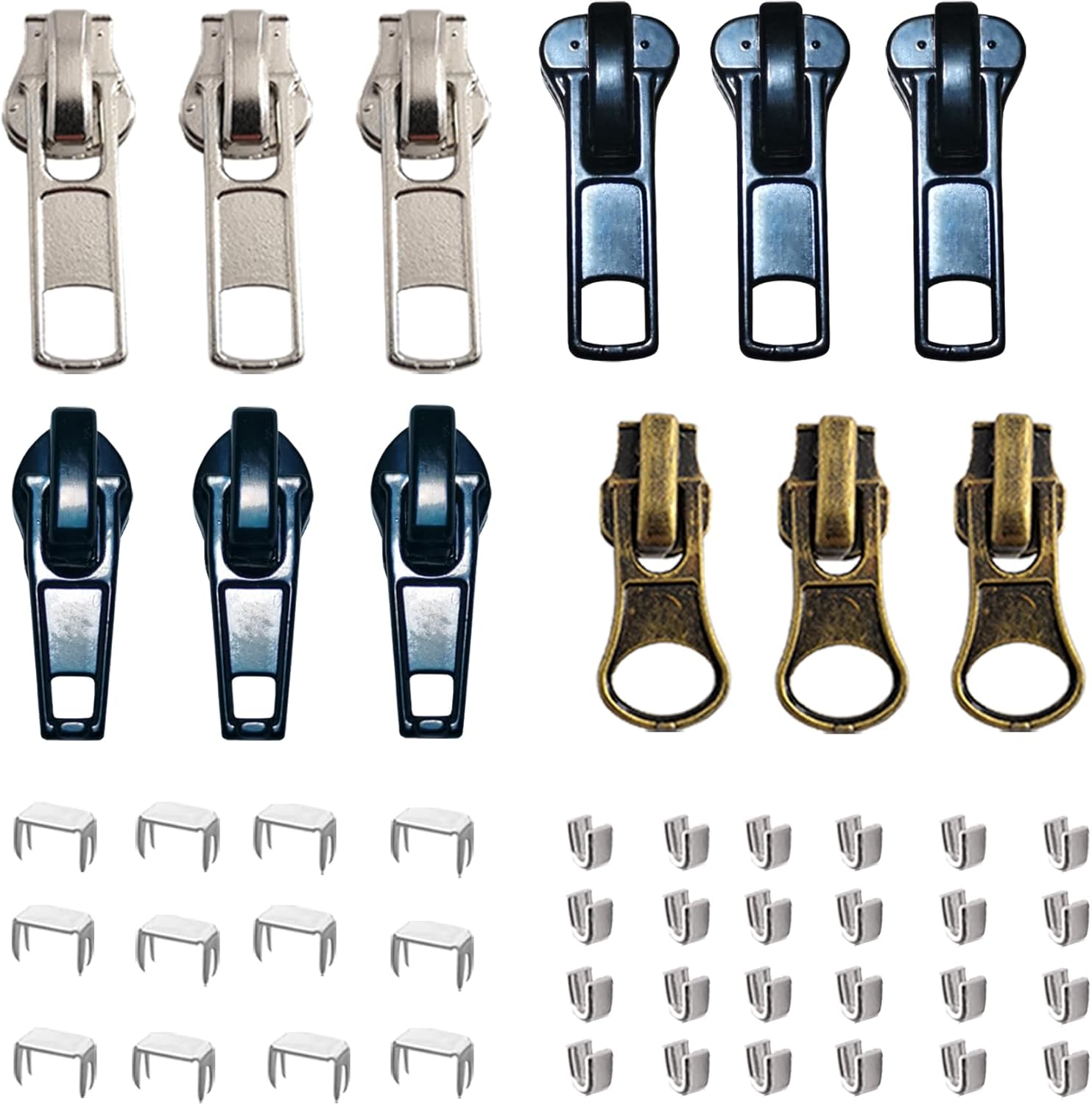 cpqakb 12 Pcs Zipper Pull Replacement 5 Zippers Repair Kit #5 Lockable Sliders, Bottom and Top Stop, Fix Zip Head On for Repairing Coats,Jackets, Metal Plastic and Nylon Coil Zippers.