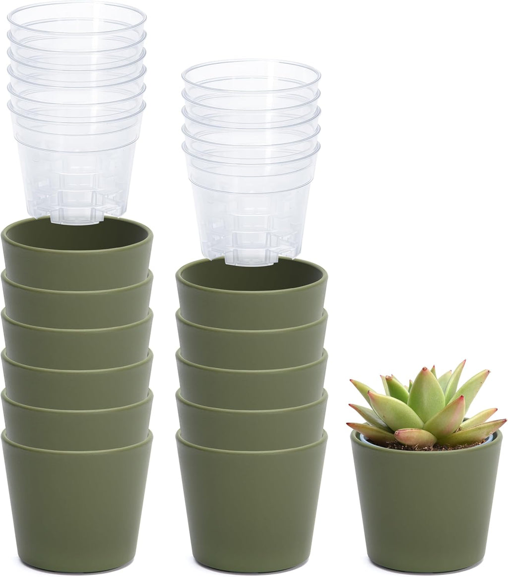 Phoenix Vine 3.5 Inch Olive Plastic Cachepot with Clear Nursery Pot, Decorative Lightweight Planter Cover with Transparent Inner Pot for Indoor Houseplants, Pack of 12, 24-A-F-12