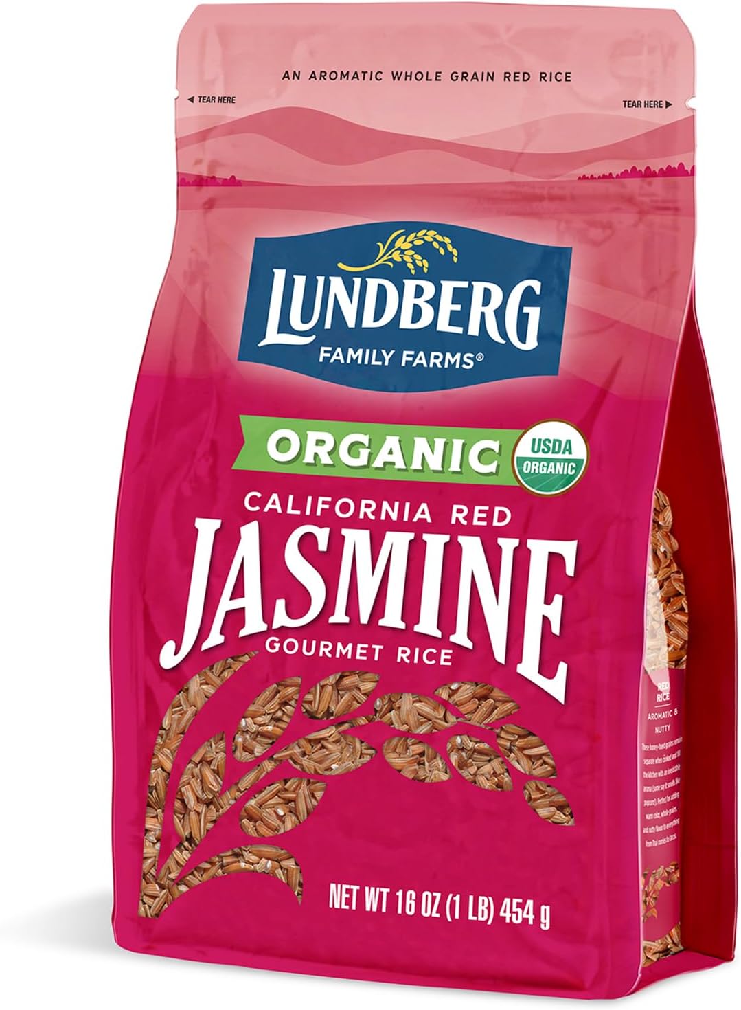 Lundberg Organic Red Jasmine Rice, Long Grain Red Rice - Non-Sticky, Fluffy Aromatic Rice, Organically Grown in California, Pantry Staples, 16 Oz